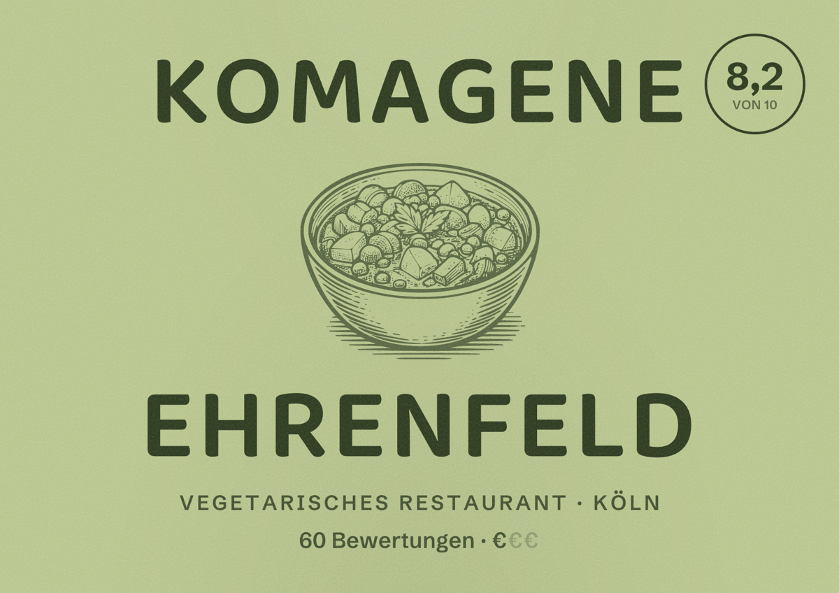 Illustriertes Poster von Komagene Ehrenfeld, Vegetarisches Restaurant in Köln: Bewertung 8,2 von 10 aus 60 Bewertungen, Preisniveau €