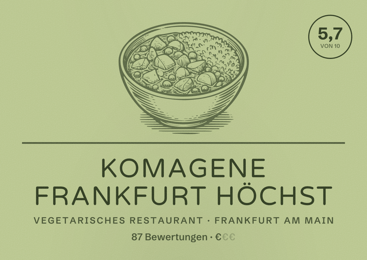 Illustriertes Poster von Komagene Frankfurt Höchst, Vegetarisches Restaurant in Frankfurt am Main: Bewertung 5,7 von 10 aus 87 Bewertungen, Preisniveau €
