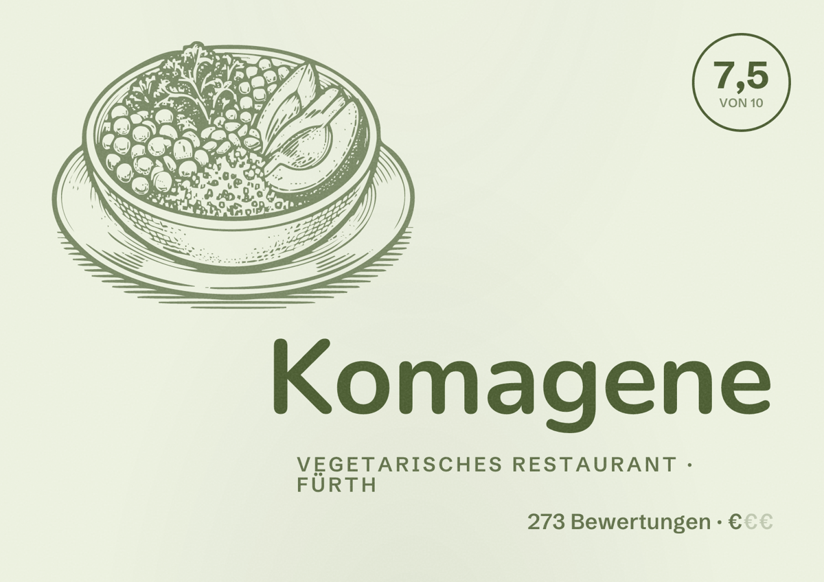 Illustriertes Poster von Komagene, Vegetarisches Restaurant in Fürth: Bewertung 7,5 von 10 aus 273 Bewertungen, Preisniveau €