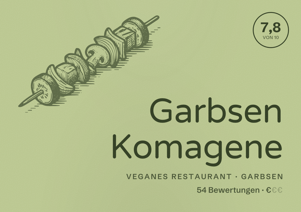 Illustriertes Poster von Garbsen Komagene, Veganes Restaurant in Garbsen: Bewertung 7,8 von 10 aus 54 Bewertungen, Preisniveau €