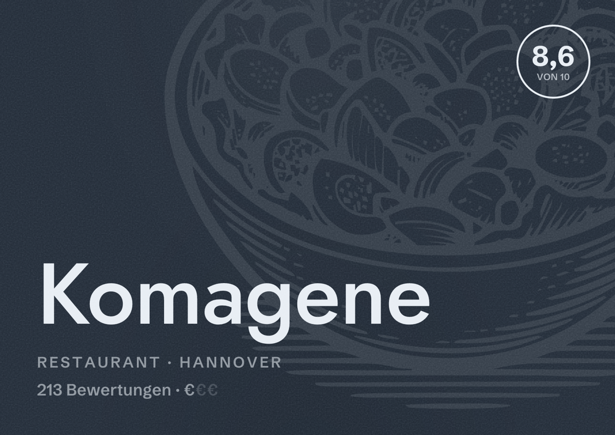 Illustriertes Poster von Komagene, Restaurant in Hannover: Bewertung 8,6 von 10 aus 213 Bewertungen, Preisniveau €
