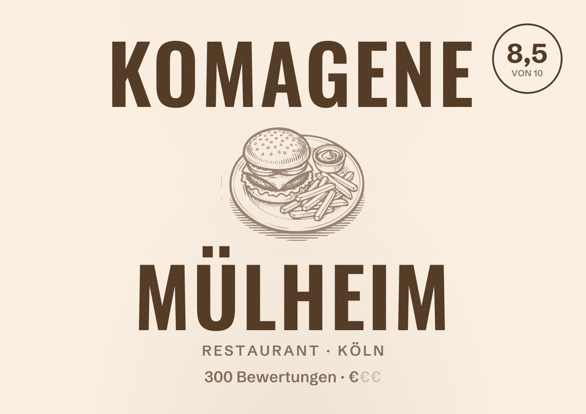 Illustriertes Poster von Komagene Mülheim, Restaurant in Köln: Bewertung 8,5 von 10 aus 300 Bewertungen, Preisniveau €