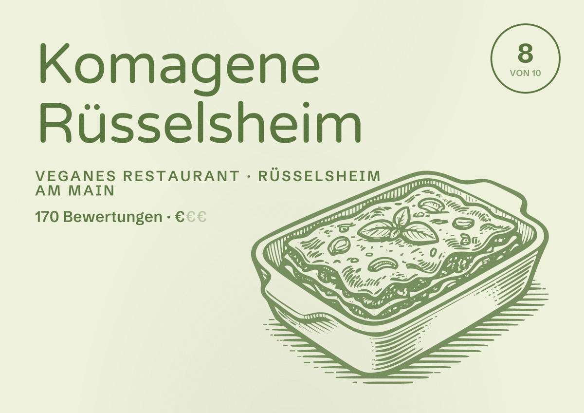 Illustriertes Poster von Komagene Rüsselsheim, Veganes Restaurant in Rüsselsheim am Main: Bewertung 8 von 10 aus 170 Bewertungen, Preisniveau €