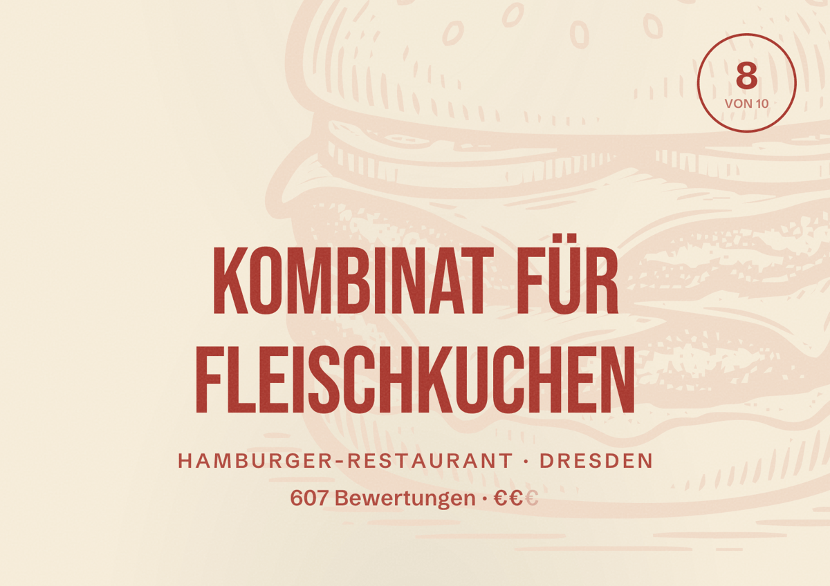 Illustriertes Poster von Kombinat für Fleischkuchen, Hamburger-Restaurant in Dresden: Bewertung 8,0 von 10 aus 607 Bewertungen, Preisniveau €€