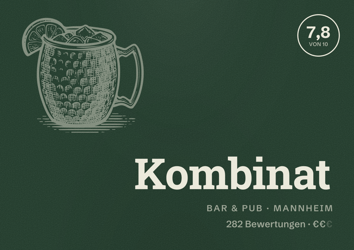 Illustriertes Poster von Kombinat, Bar & Pub in Mannheim: Bewertung 7,8 von 10 aus 282 Bewertungen, Preisniveau €€
