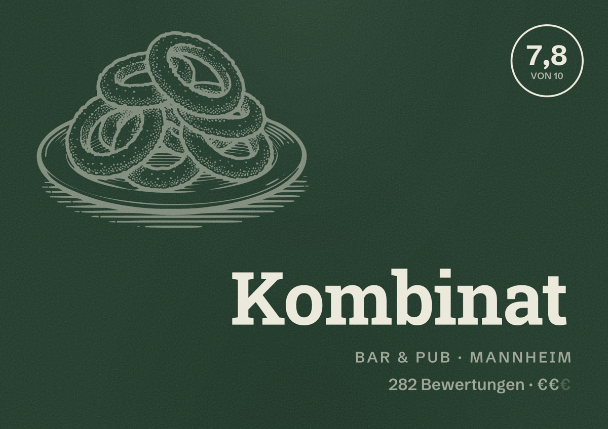 Illustriertes Poster von Kombinat, Bar & Pub in Mannheim: Bewertung 7,8 von 10 aus 282 Bewertungen, Preisniveau €€