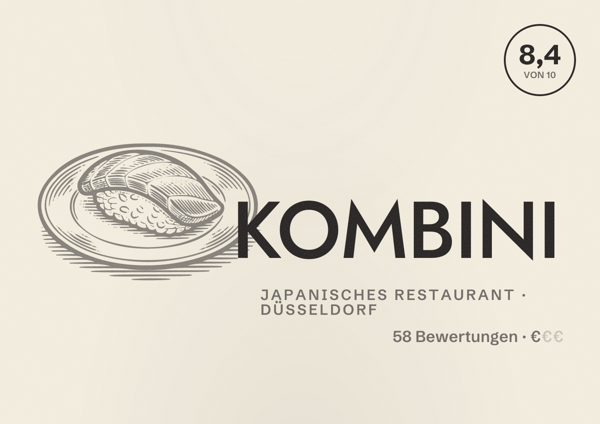 Illustriertes Poster von KOMBINI, Japanisches Restaurant in Düsseldorf: Bewertung 8,4 von 10 aus 58 Bewertungen, Preisniveau €