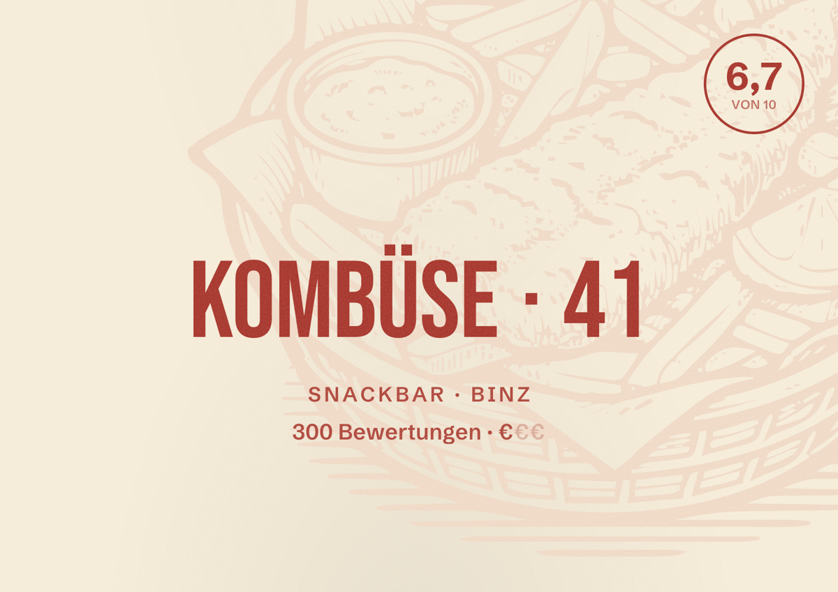 Illustriertes Poster von Kombüse 41, Snackbar in Binz: Bewertung 6,7 von 10 aus 300 Bewertungen, Preisniveau €