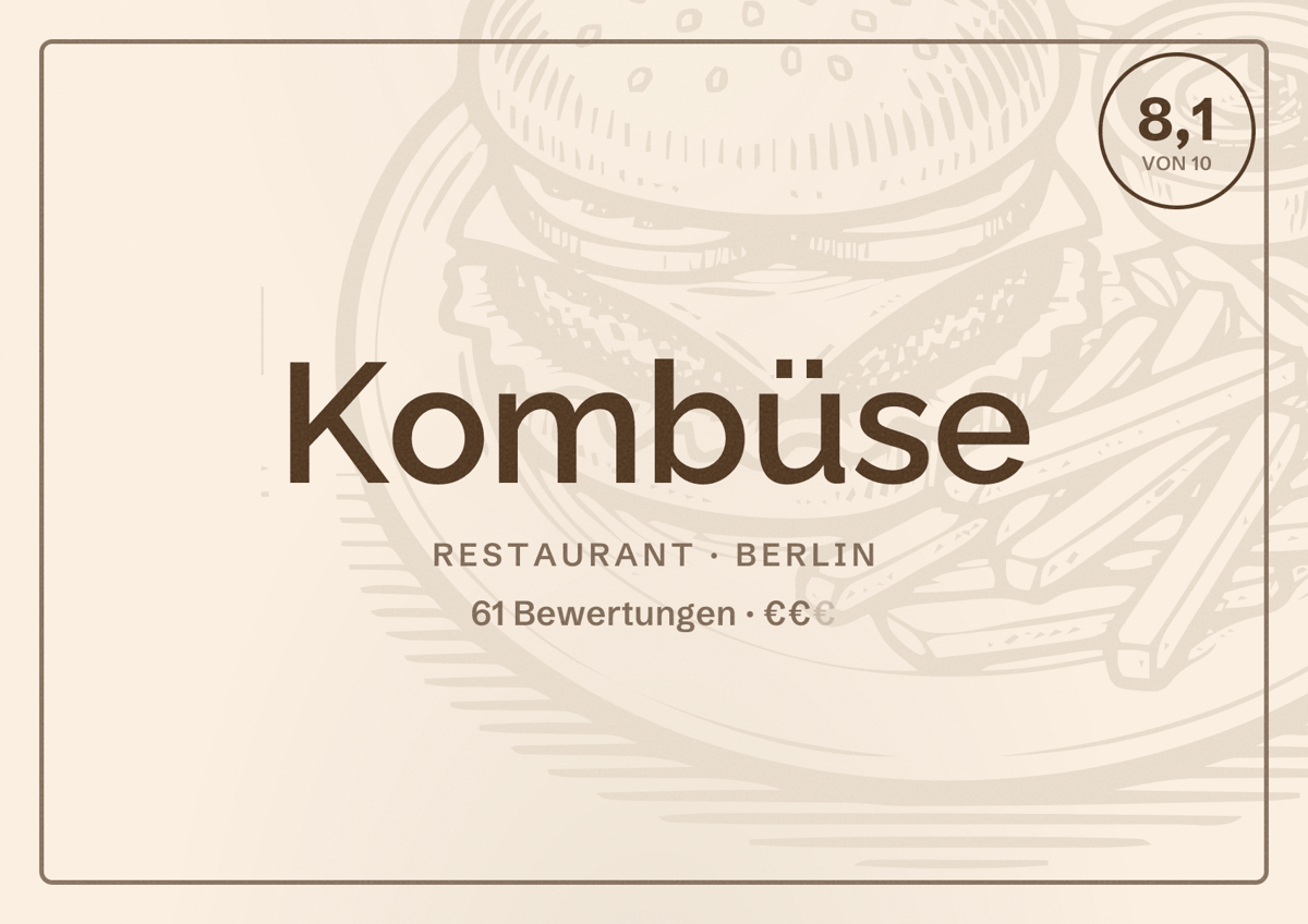 Illustriertes Poster von Kombüse, Restaurant in Berlin: Bewertung 8,1 von 10 aus 61 Bewertungen, Preisniveau €€