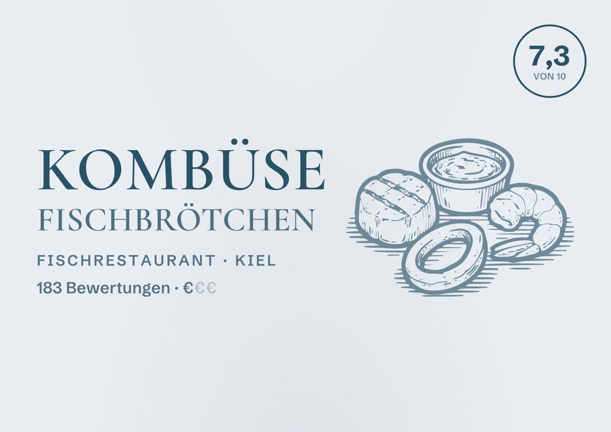 Illustriertes Poster von Kombüse Fischbrötchen, Fischrestaurant in Kiel: Bewertung 7,3 von 10 aus 183 Bewertungen, Preisniveau €