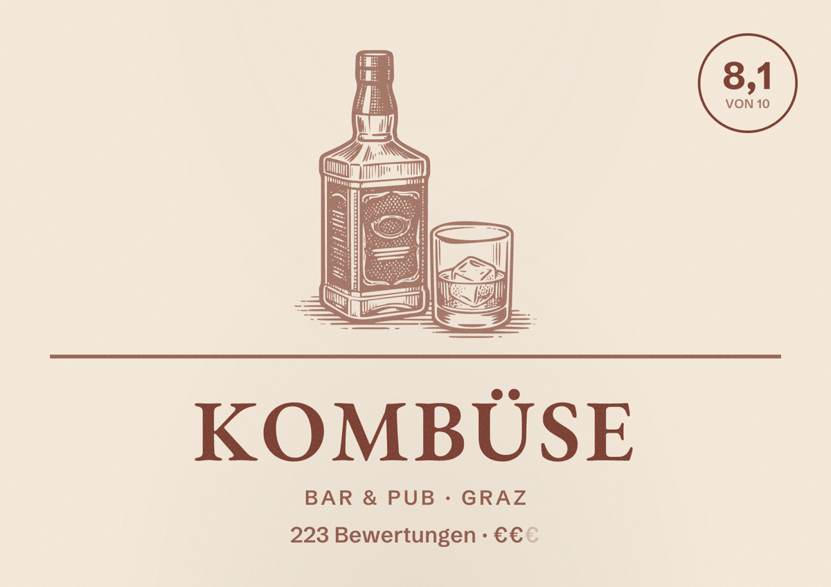 Illustriertes Poster von Kombüse, Bar & Pub in Graz: Bewertung 8,1 von 10 aus 223 Bewertungen, Preisniveau €€