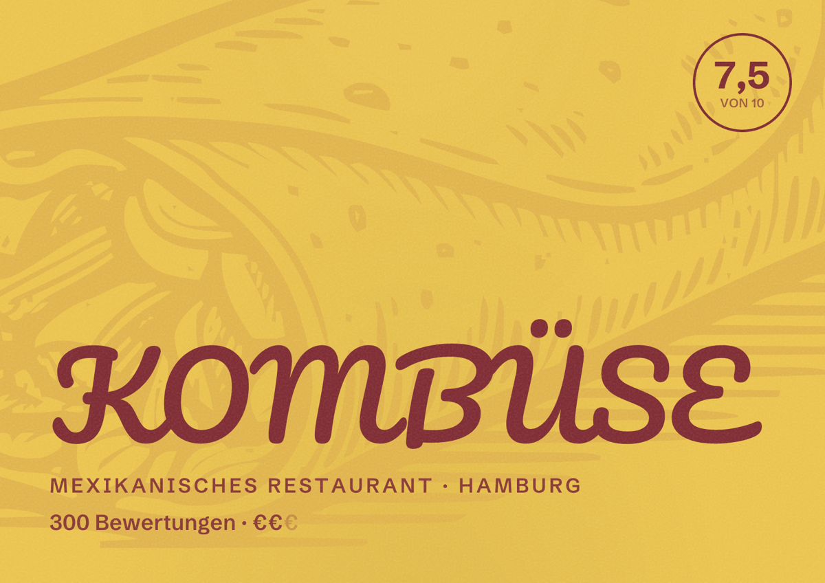 Illustriertes Poster von KOMBÜSE, Mexikanisches Restaurant in Hamburg: Bewertung 7,5 von 10 aus 300 Bewertungen, Preisniveau €€