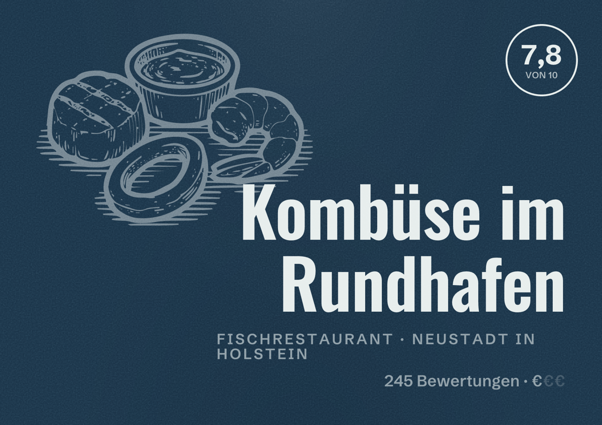 Illustriertes Poster von Kombüse im Rundhafen, Fischrestaurant in Neustadt in Holstein: Bewertung 7,8 von 10 aus 245 Bewertungen, Preisniveau €