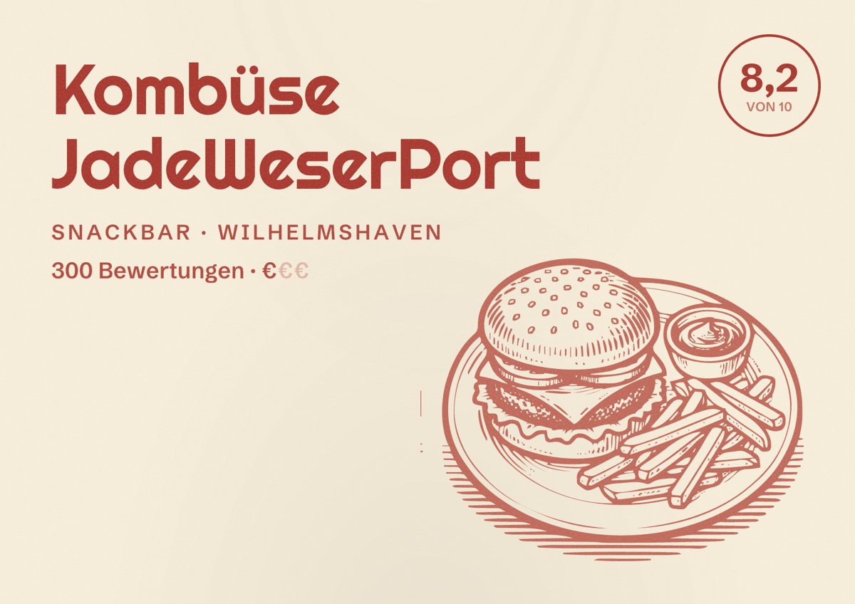 Illustriertes Poster von Kombüse JadeWeserPort, Snackbar in Wilhelmshaven: Bewertung 8,2 von 10 aus 300 Bewertungen, Preisniveau €