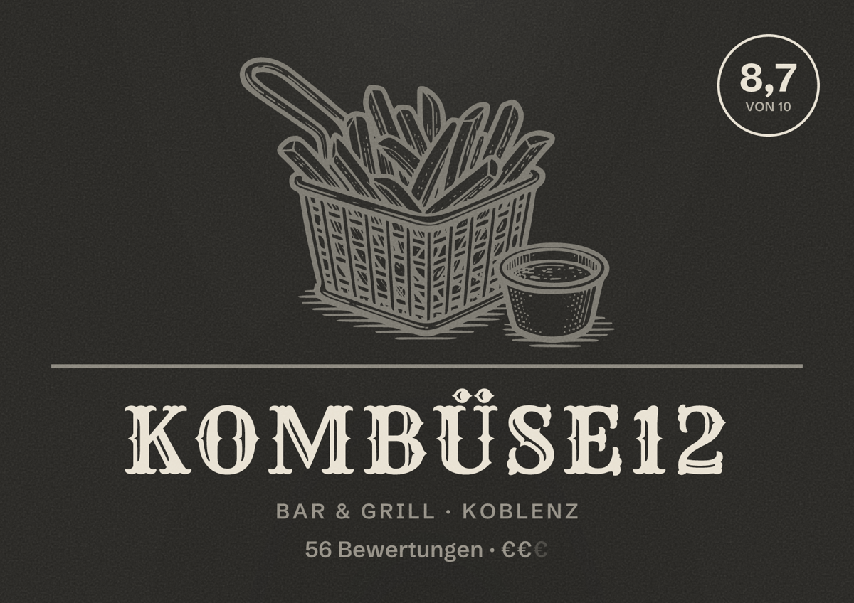 Illustriertes Poster von Kombüse12, Bar & Grill in Koblenz: Bewertung 8,7 von 10 aus 56 Bewertungen, Preisniveau €€