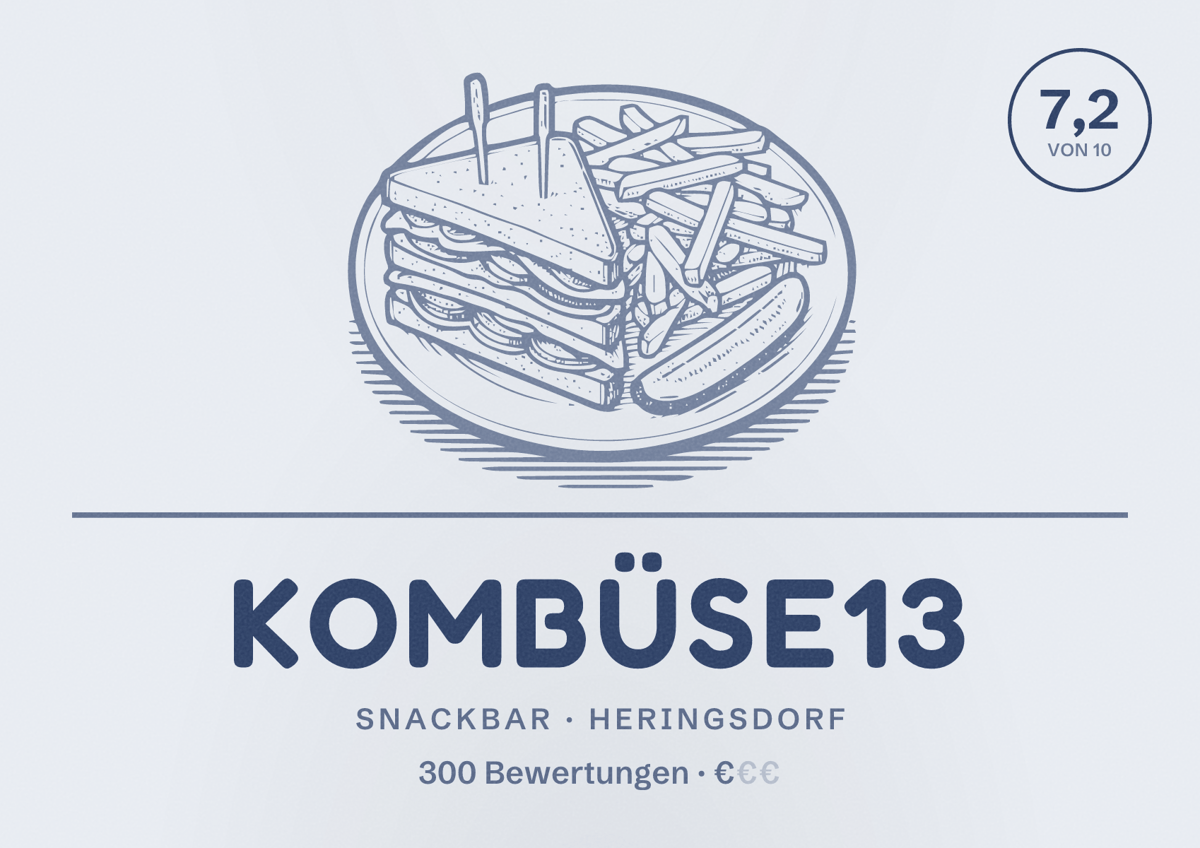 Illustriertes Poster von Kombüse13, Snackbar in Heringsdorf: Bewertung 7,2 von 10 aus 300 Bewertungen, Preisniveau €