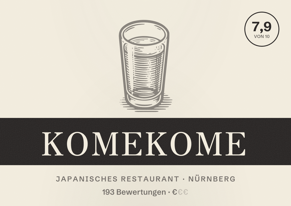 Illustriertes Poster von KomeKome, Japanisches Restaurant in Nürnberg: Bewertung 7,9 von 10 aus 193 Bewertungen, Preisniveau €