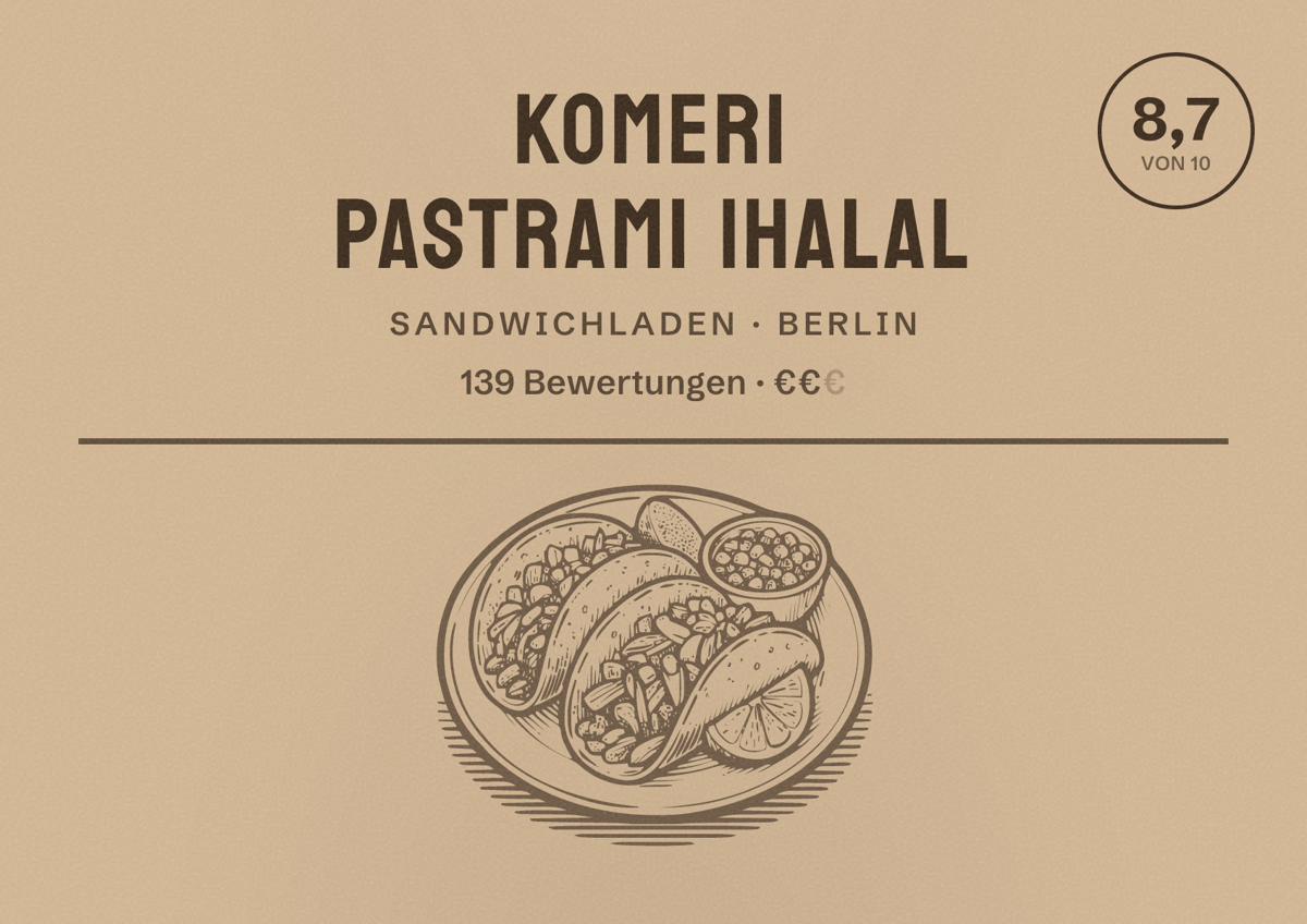 Illustriertes Poster von Komeri Pastrami |Halal, Sandwichladen in Berlin: Bewertung 8,7 von 10 aus 139 Bewertungen, Preisniveau €€
