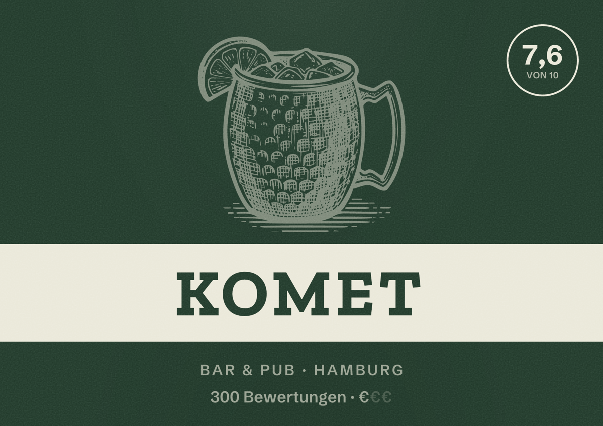 Illustriertes Poster von Komet, Bar & Pub in Hamburg: Bewertung 7,6 von 10 aus 300 Bewertungen, Preisniveau €