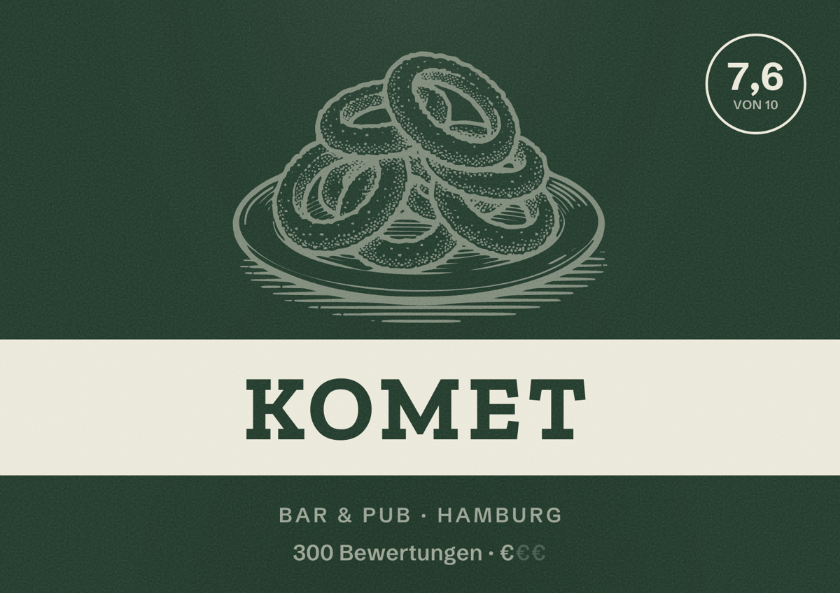 Illustriertes Poster von Komet, Bar & Pub in Hamburg: Bewertung 7,6 von 10 aus 300 Bewertungen, Preisniveau €