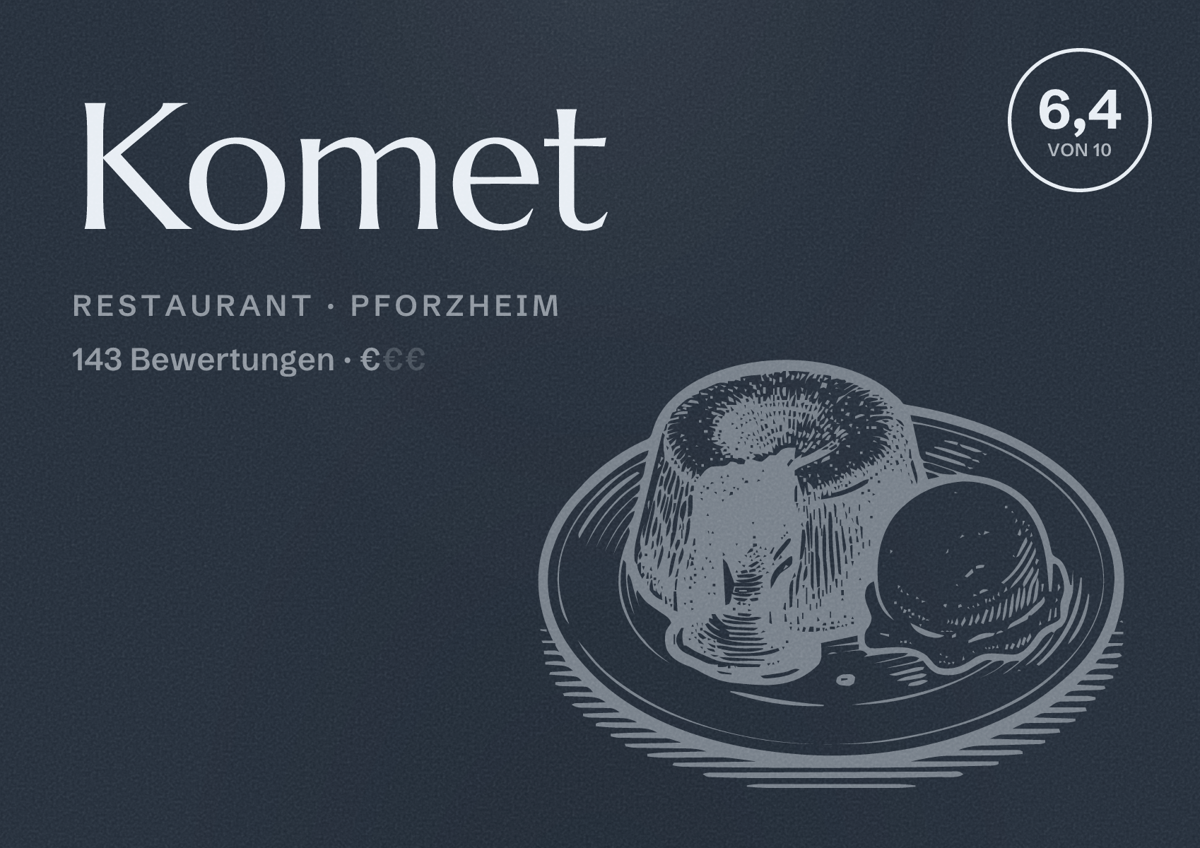 Illustriertes Poster von Komet, Restaurant in Pforzheim: Bewertung 6,4 von 10 aus 143 Bewertungen, Preisniveau €