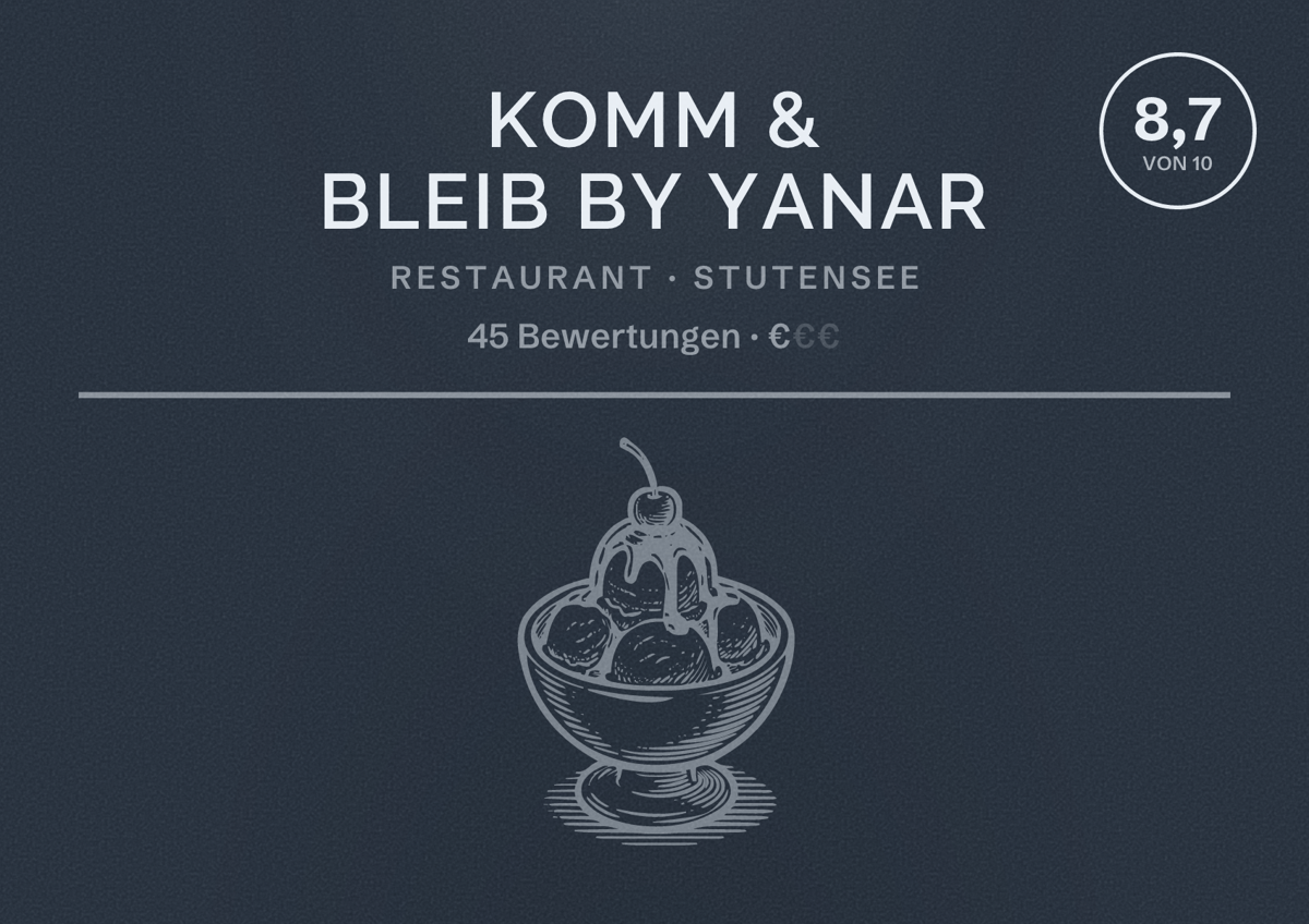 Illustriertes Poster von Komm & Bleib by Yanar, Restaurant in Stutensee: Bewertung 8,7 von 10 aus 45 Bewertungen, Preisniveau €