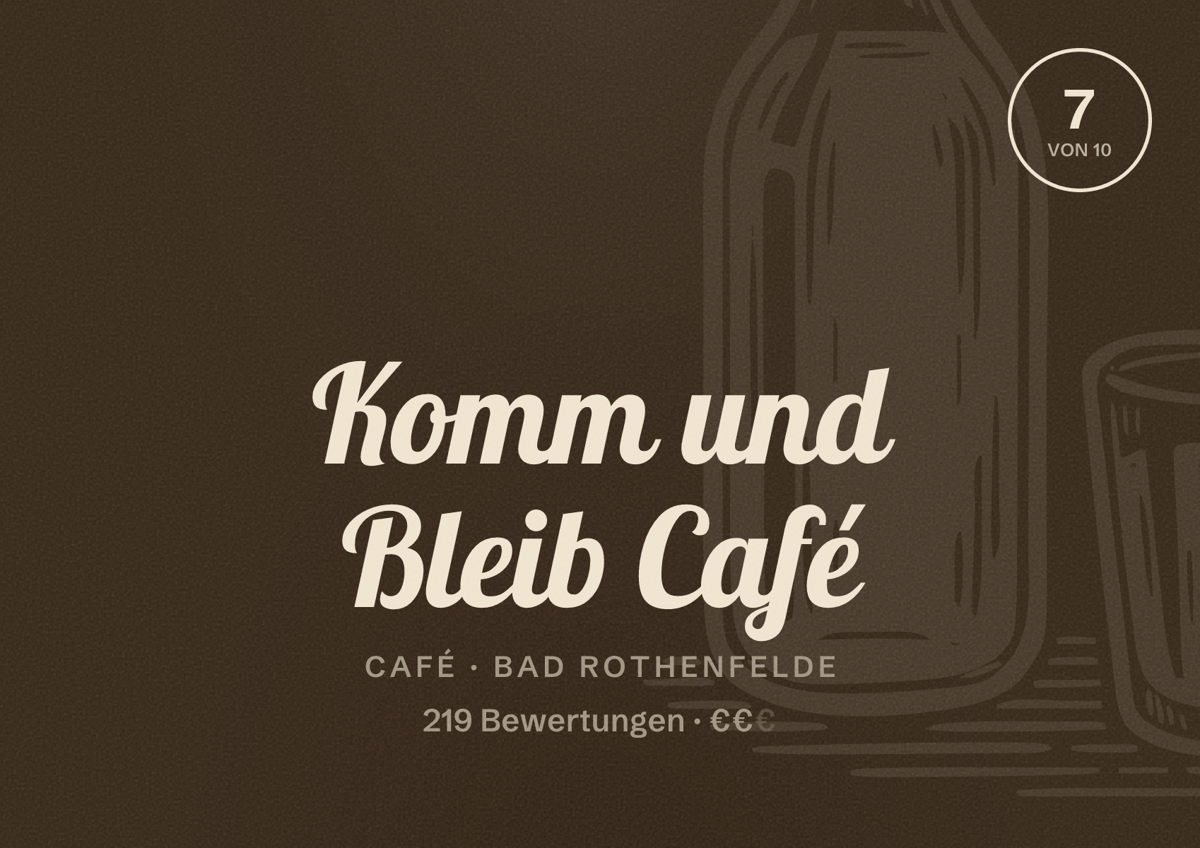 Illustriertes Poster von Komm und Bleib Café, Café in Bad Rothenfelde: Bewertung 7 von 10 aus 219 Bewertungen, Preisniveau €€