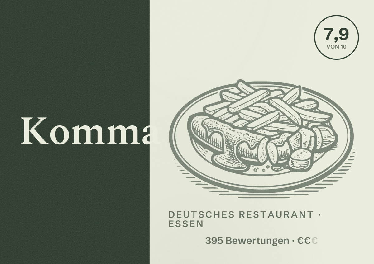 Illustriertes Poster von Komma, Deutsches Restaurant in Essen: Bewertung 7,9 von 10 aus 395 Bewertungen, Preisniveau €€
