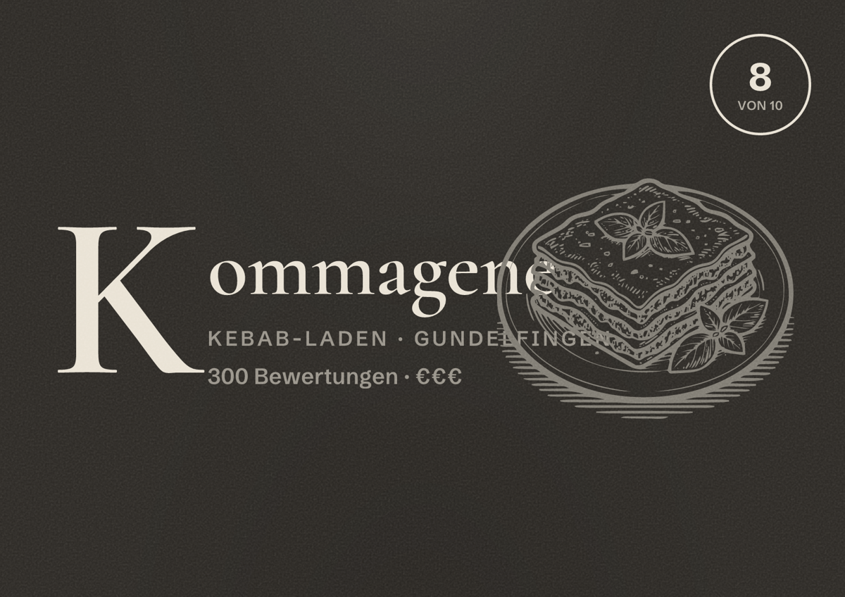 Illustriertes Poster von Kommagene, Kebab-Laden in Gundelfingen: Bewertung 8 von 10 aus 300 Bewertungen, Preisniveau €€€
