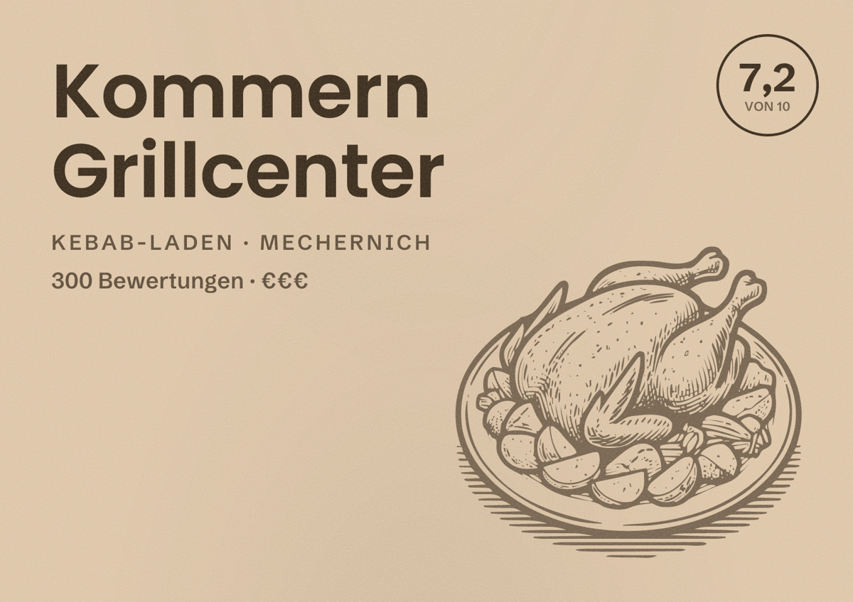 Illustriertes Poster von Kommern Grillcenter, Kebab-Laden in Mechernich: Bewertung 7,2 von 10 aus 300 Bewertungen, Preisniveau €€€