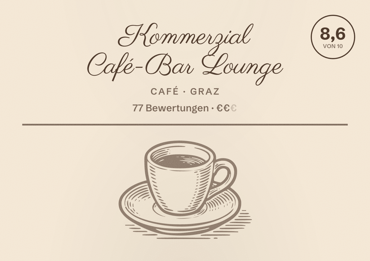 Illustriertes Poster von Kommerzial Café-Bar Lounge, Café in Graz: Bewertung 8,6 von 10 aus 77 Bewertungen, Preisniveau €€