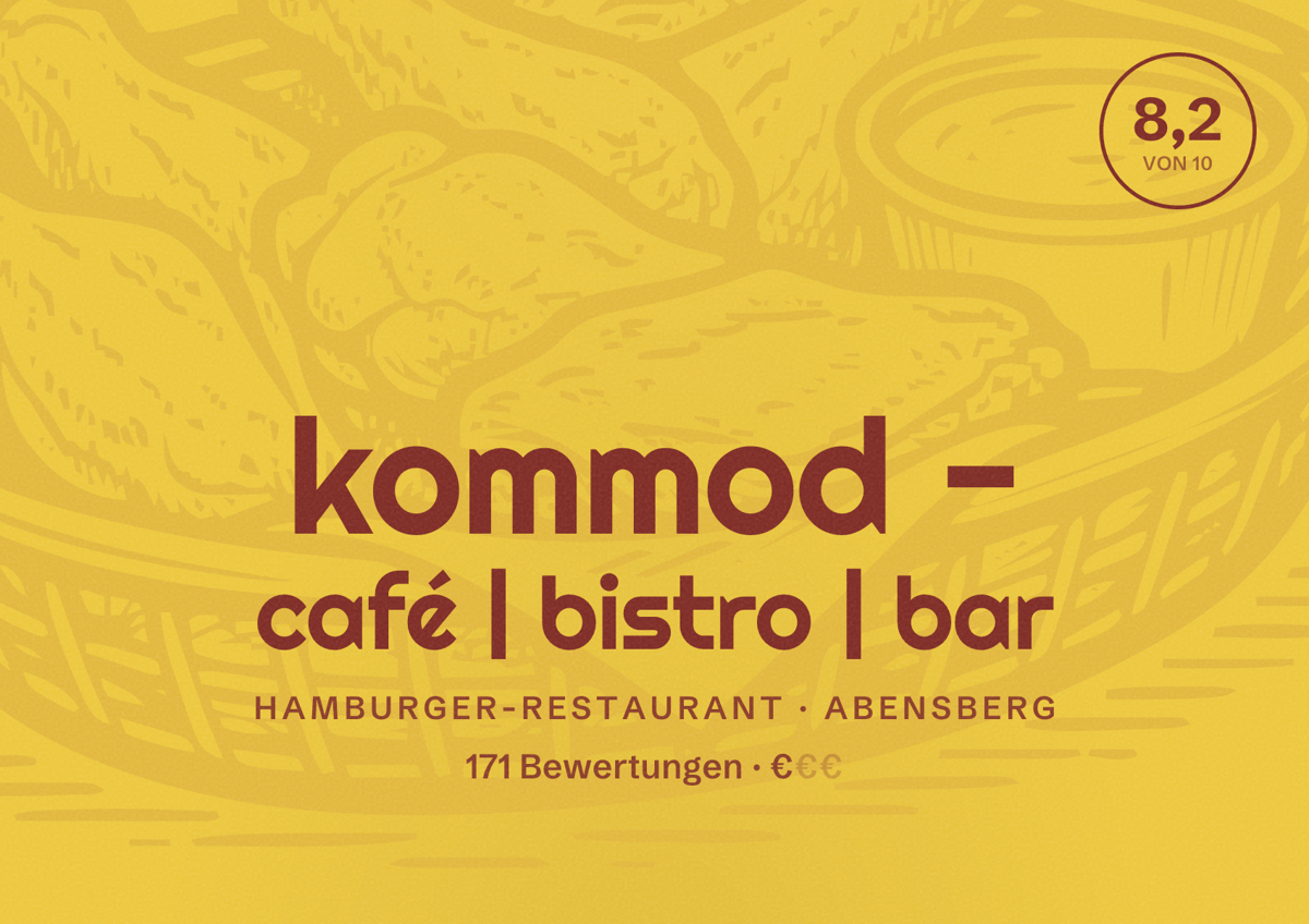 Illustriertes Poster von kommod - café | bistro | bar, Hamburger-Restaurant in Abensberg: Bewertung 8,2 von 10 aus 171 Bewertungen, Preisniveau €