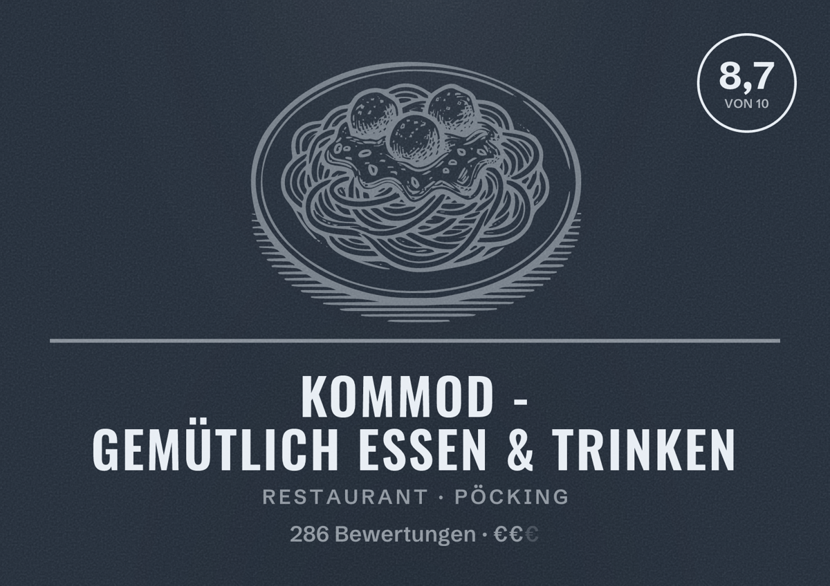 Illustriertes Poster von KOMMOD - gemütlich essen & trinken, Restaurant in Pöcking: Bewertung 8,7 von 10 aus 286 Bewertungen, Preisniveau €€