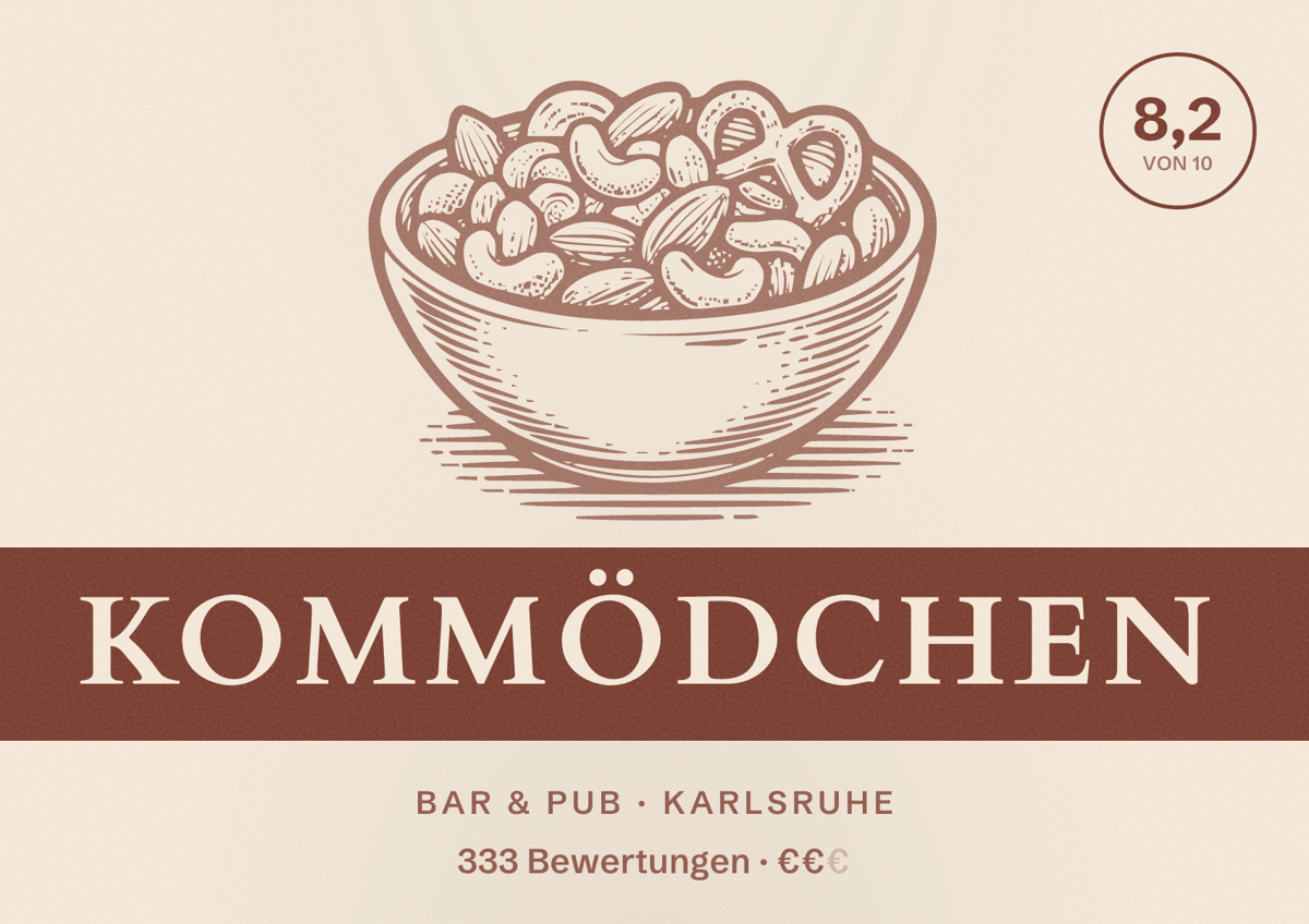 Illustriertes Poster von Kommödchen, Bar & Pub in Karlsruhe: Bewertung 8,2 von 10 aus 333 Bewertungen, Preisniveau €€