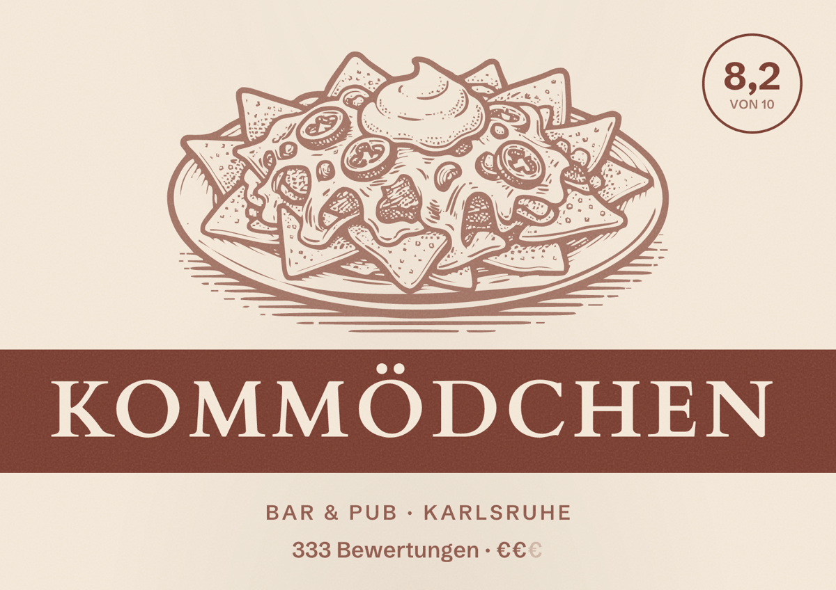 Illustriertes Poster von Kommödchen, Bar & Pub in Karlsruhe: Bewertung 8,2 von 10 aus 333 Bewertungen, Preisniveau €€