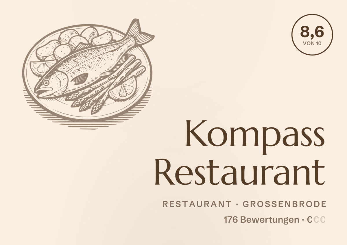 Illustriertes Poster von Kompass Restaurant, Restaurant in Großenbrode: Bewertung 8,6 von 10 aus 176 Bewertungen, Preisniveau €