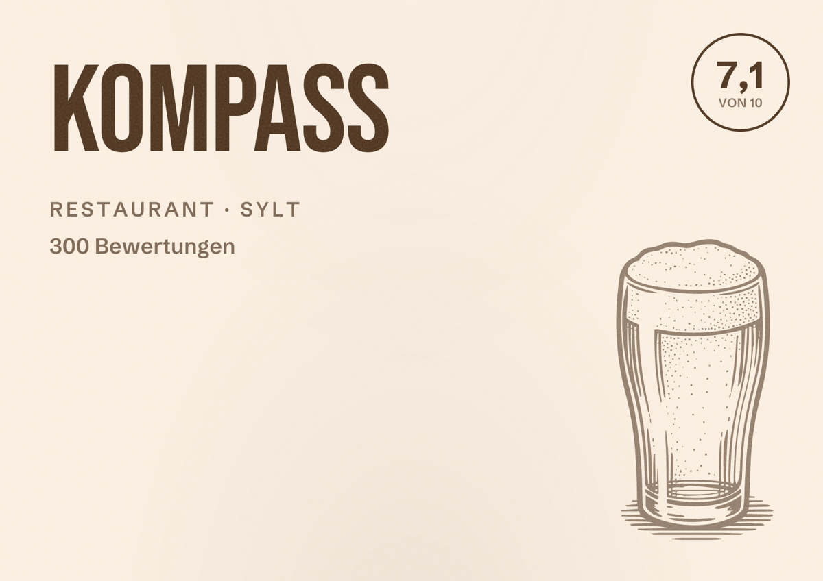 Illustriertes Poster von Kompass, Restaurant in Sylt: Bewertung 7,1 von 10 aus 300 Bewertungen
