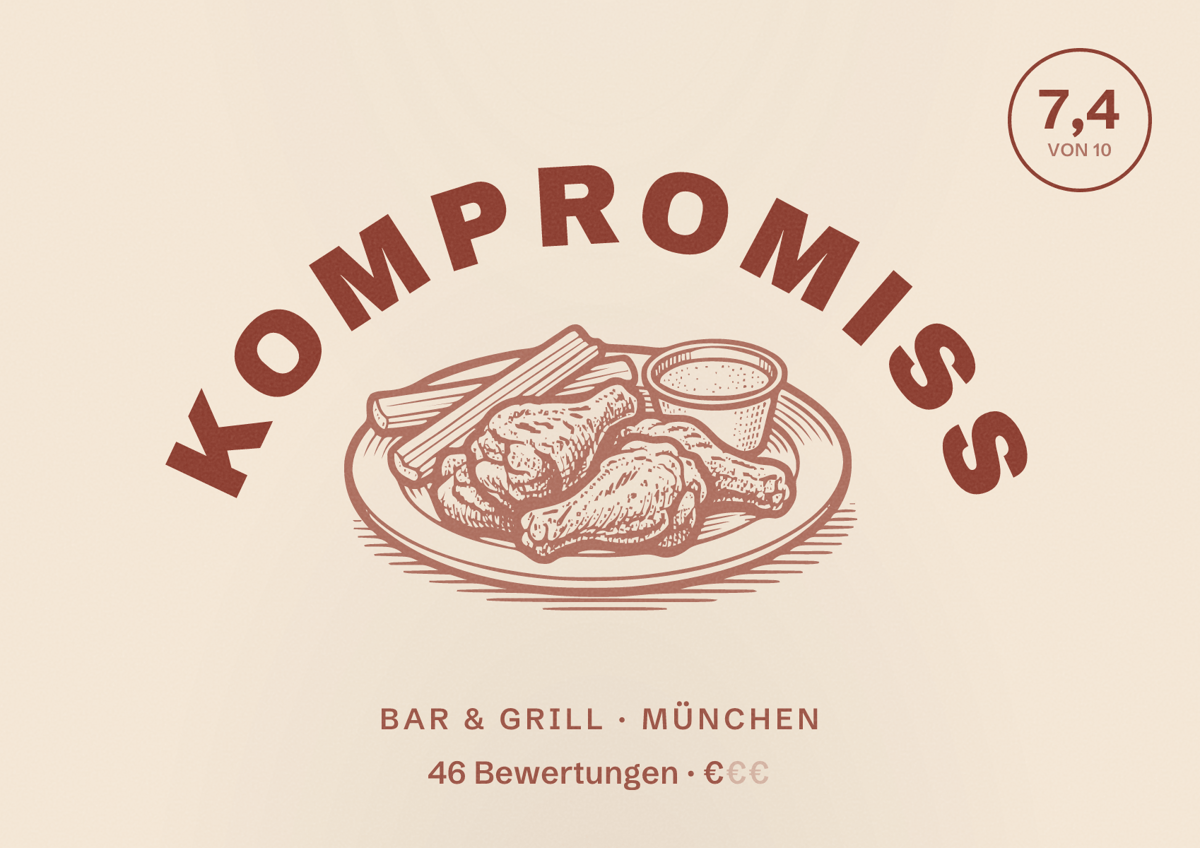 Illustriertes Poster von Kompromiss, Bar & Grill in München: Bewertung 7,4 von 10 aus 46 Bewertungen, Preisniveau €