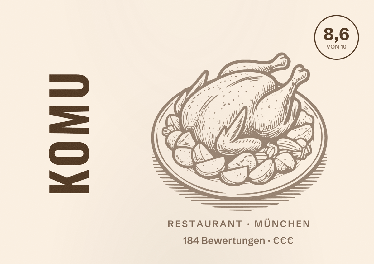 Illustriertes Poster von KOMU, Restaurant in München: Bewertung 8,6 von 10 aus 184 Bewertungen, Preisniveau €€€