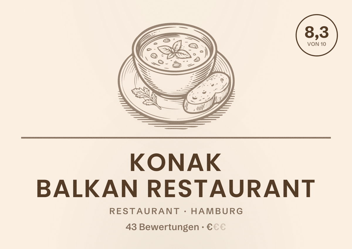 Illustriertes Poster von Konak Balkan Restaurant, Restaurant in Hamburg: Bewertung 8,3 von 10 aus 43 Bewertungen, Preisniveau €