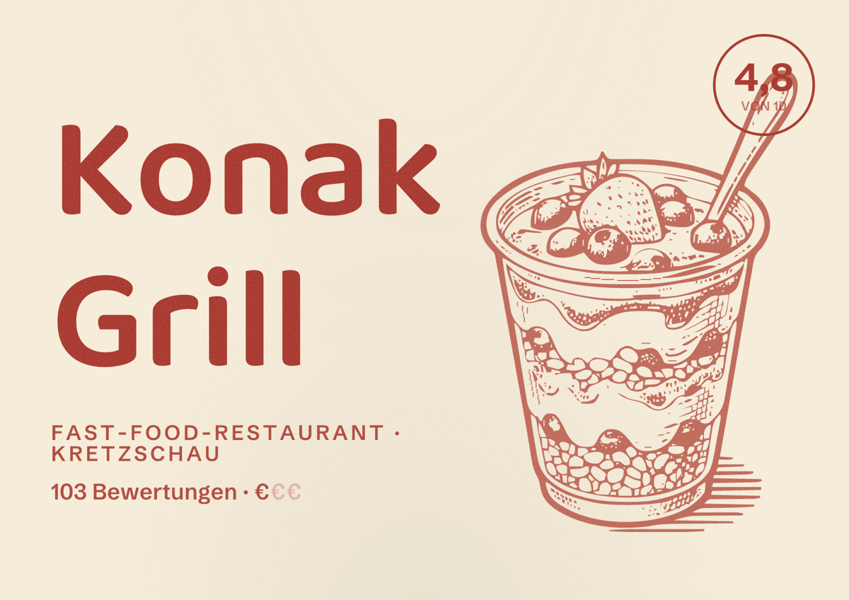 Illustriertes Poster von Konak Grill, Fast-Food-Restaurant in Kretzschau: Bewertung 4,8 von 10 aus 103 Bewertungen, Preisniveau €