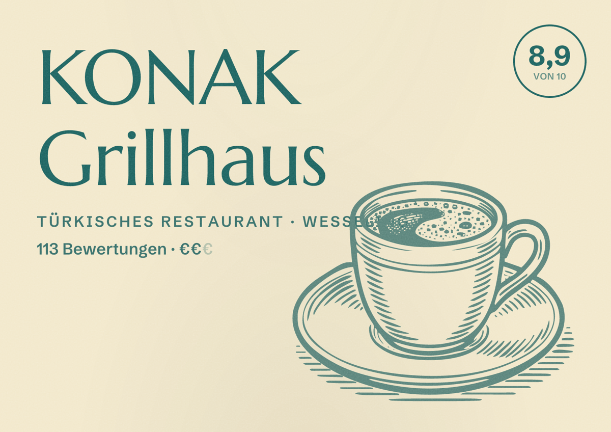 Illustriertes Poster von KONAK Grillhaus, Türkisches Restaurant in Wesseling: Bewertung 8,9 von 10 aus 113 Bewertungen, Preisniveau €€