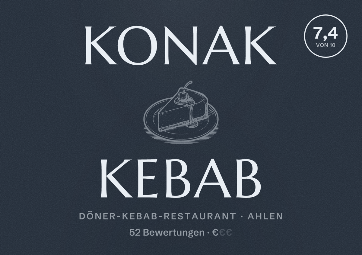 Illustriertes Poster von Konak Kebab, Döner-Kebab-Restaurant in Ahlen: Bewertung 7,4 von 10 aus 52 Bewertungen, Preisniveau €