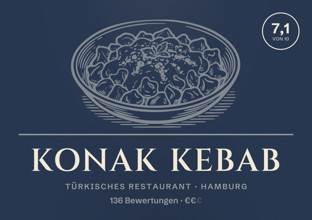 Illustriertes Poster von Konak Kebab, Türkisches Restaurant in Hamburg: Bewertung 7,1 von 10 aus 136 Bewertungen, Preisniveau €€