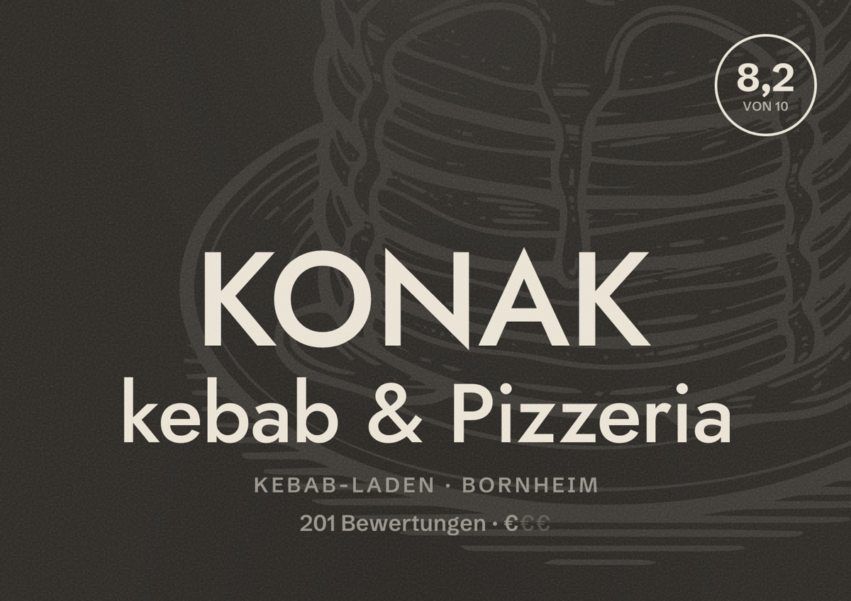 Illustriertes Poster von KONAK kebab & Pizzeria, Kebab-Laden in Bornheim: Bewertung 8,2 von 10 aus 201 Bewertungen, Preisniveau €
