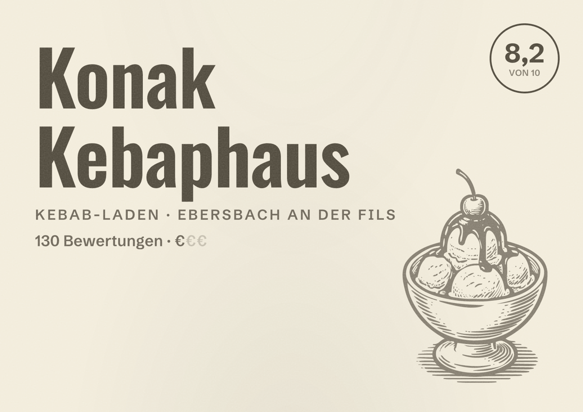 Illustriertes Poster von Konak Kebaphaus, Kebab-Laden in Ebersbach an der Fils: Bewertung 8,2 von 10 aus 130 Bewertungen, Preisniveau €