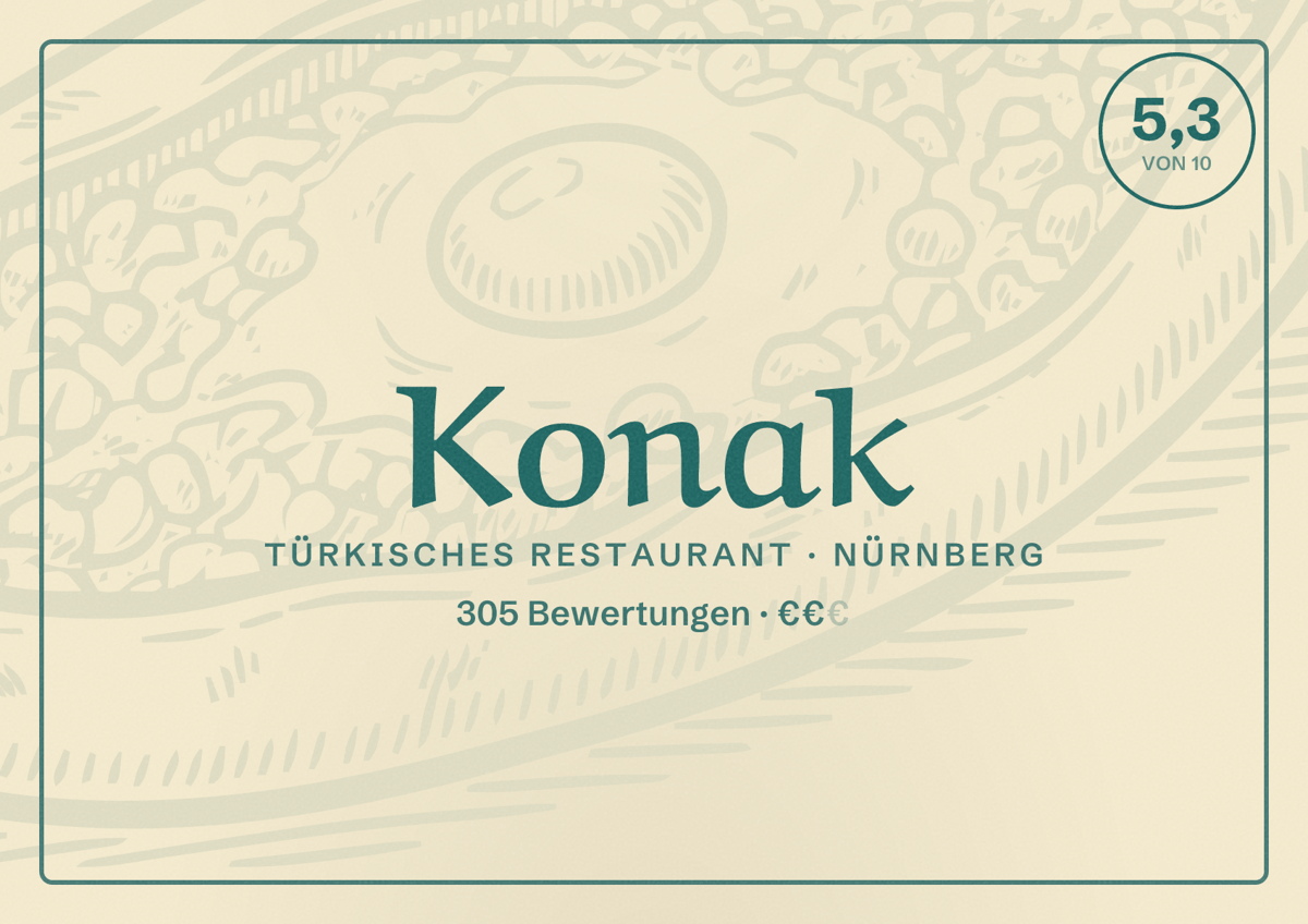 Illustriertes Poster von Konak, Türkisches Restaurant in Nürnberg: Bewertung 5,3 von 10 aus 305 Bewertungen, Preisniveau €€