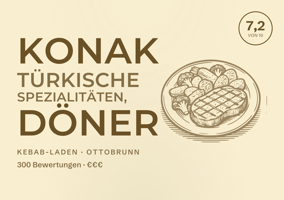 Illustriertes Poster von KONAK türkische Spezialitäten, Döner, Kebab-Laden in Ottobrunn: Bewertung 7,2 von 10 aus 300 Bewertungen, Preisniveau €€€
