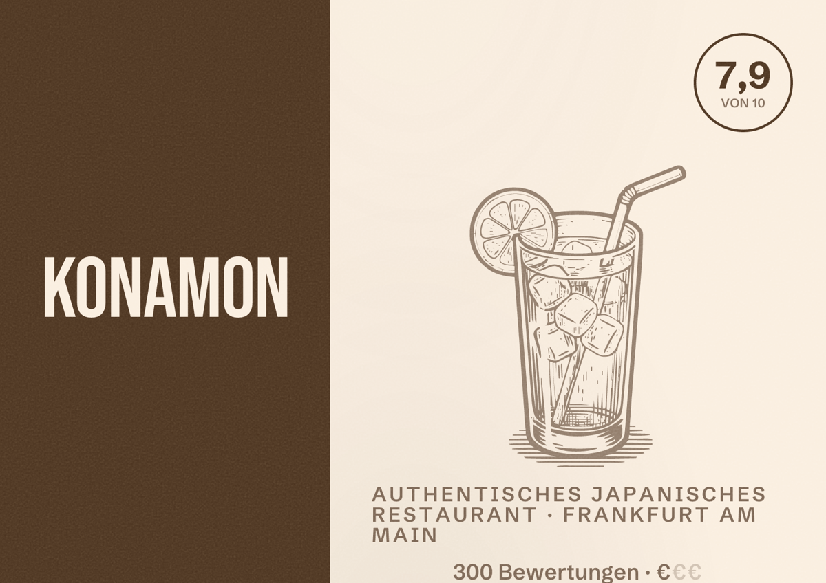 Illustriertes Poster von Konamon, Authentisches japanisches Restaurant in Frankfurt am Main: Bewertung 7,9 von 10 aus 300 Bewertungen, Preisniveau €