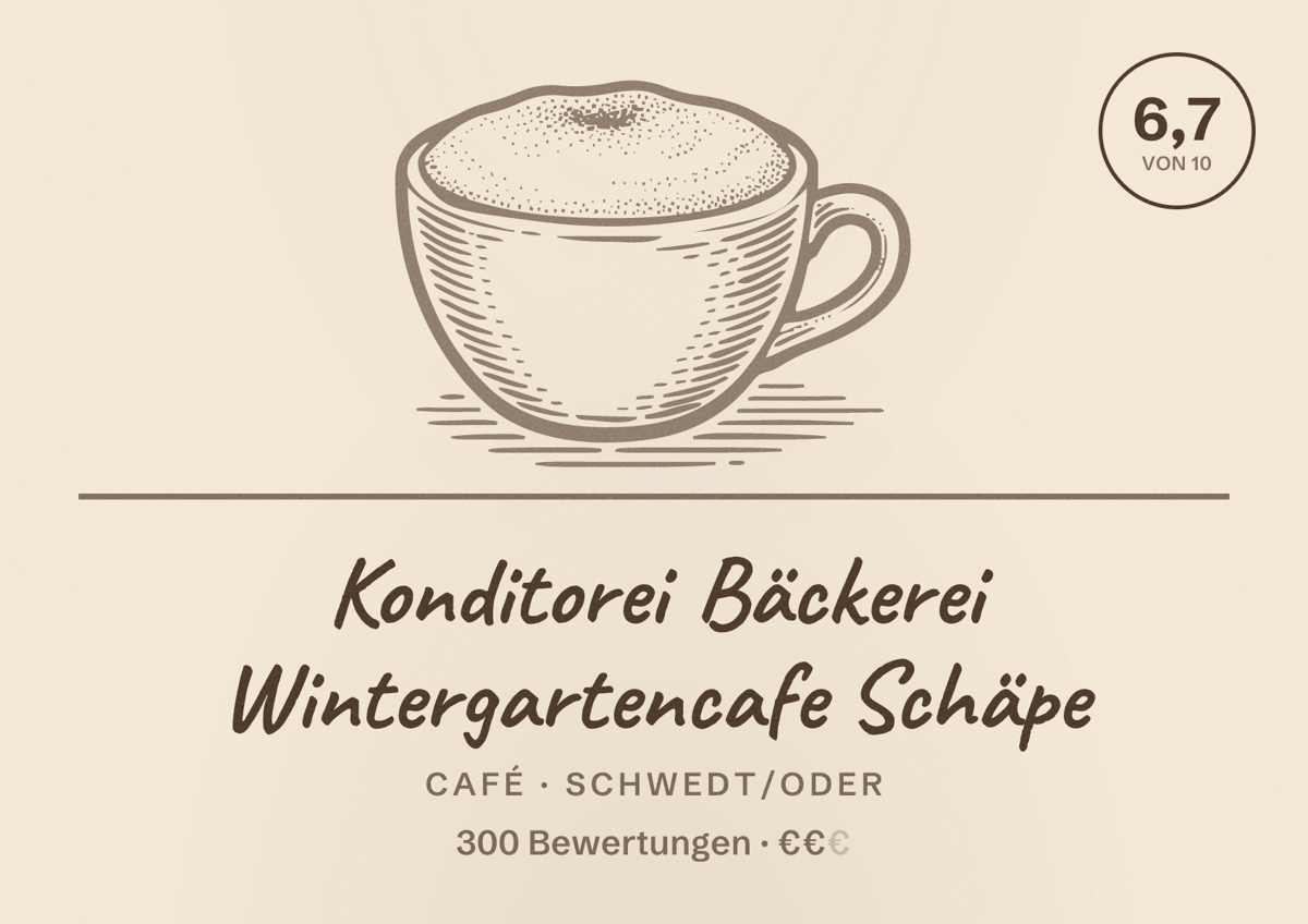 Illustriertes Poster von Konditorei Bäckerei Wintergartencafe Schäpe, Café in Schwedt/Oder: Bewertung 6,7 von 10 aus 300 Bewertungen, Preisniveau €€